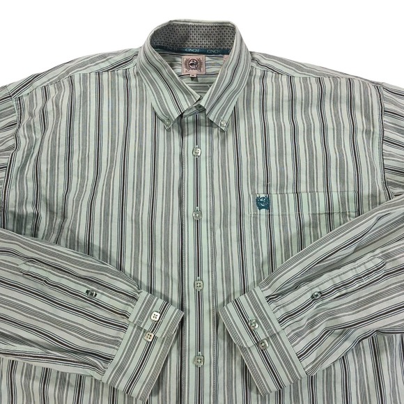 Cinch Button Shirt Mens M Mint Green Striped Western Cowboy Rodeo Long Sleeve - Picture 3 of 8